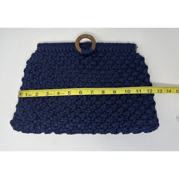 Vintage Boho Crochet Knit Tote Handbag Beach Hobo, Clutch Handbag Navy Blue‎ - Picture 8 of 9